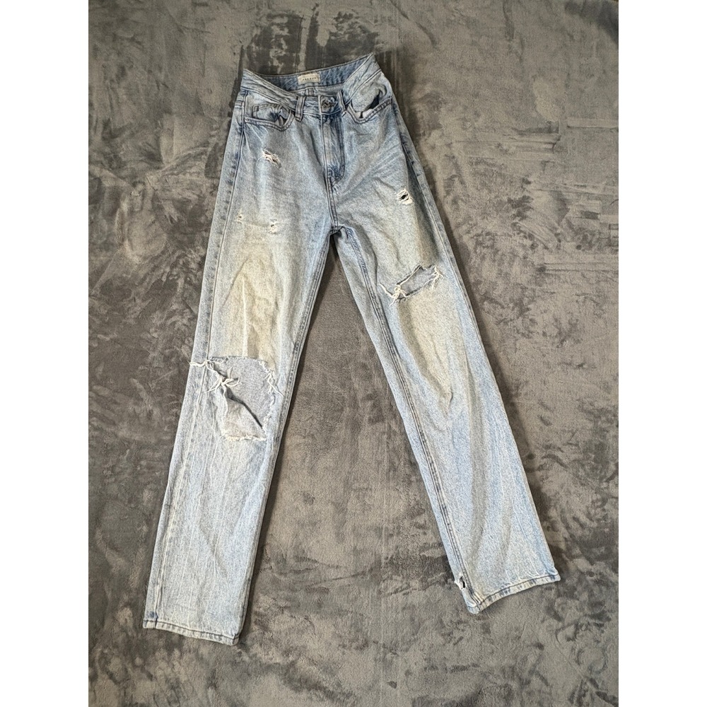 PacSun Womens Distressed Straight Leg Jeans 25 Blue Light Wash Ripped Denim